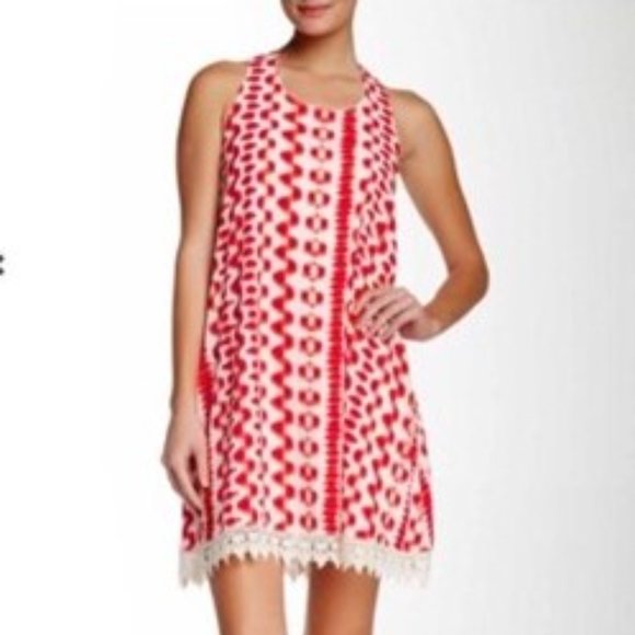 Everleigh Coral Pink White Vertical Print Lace Trimmed Trapeze Dress Medium - Picture 10 of 10